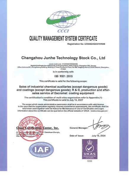 china Changzhou Junhe Technology Stock Co.,Ltd certification